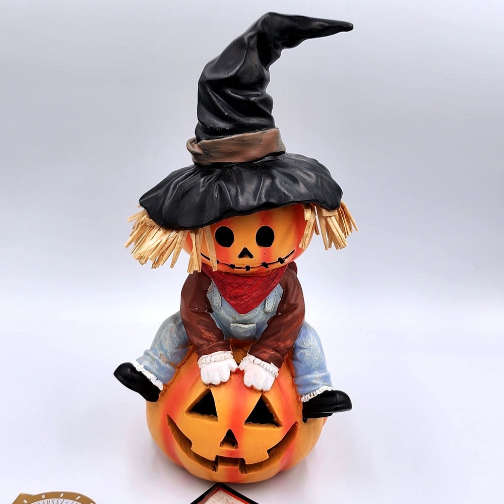 Halloween Scarecrow Pumpkin Jack-O-Lantern LED Lighted Figurine Witch Hat 12"